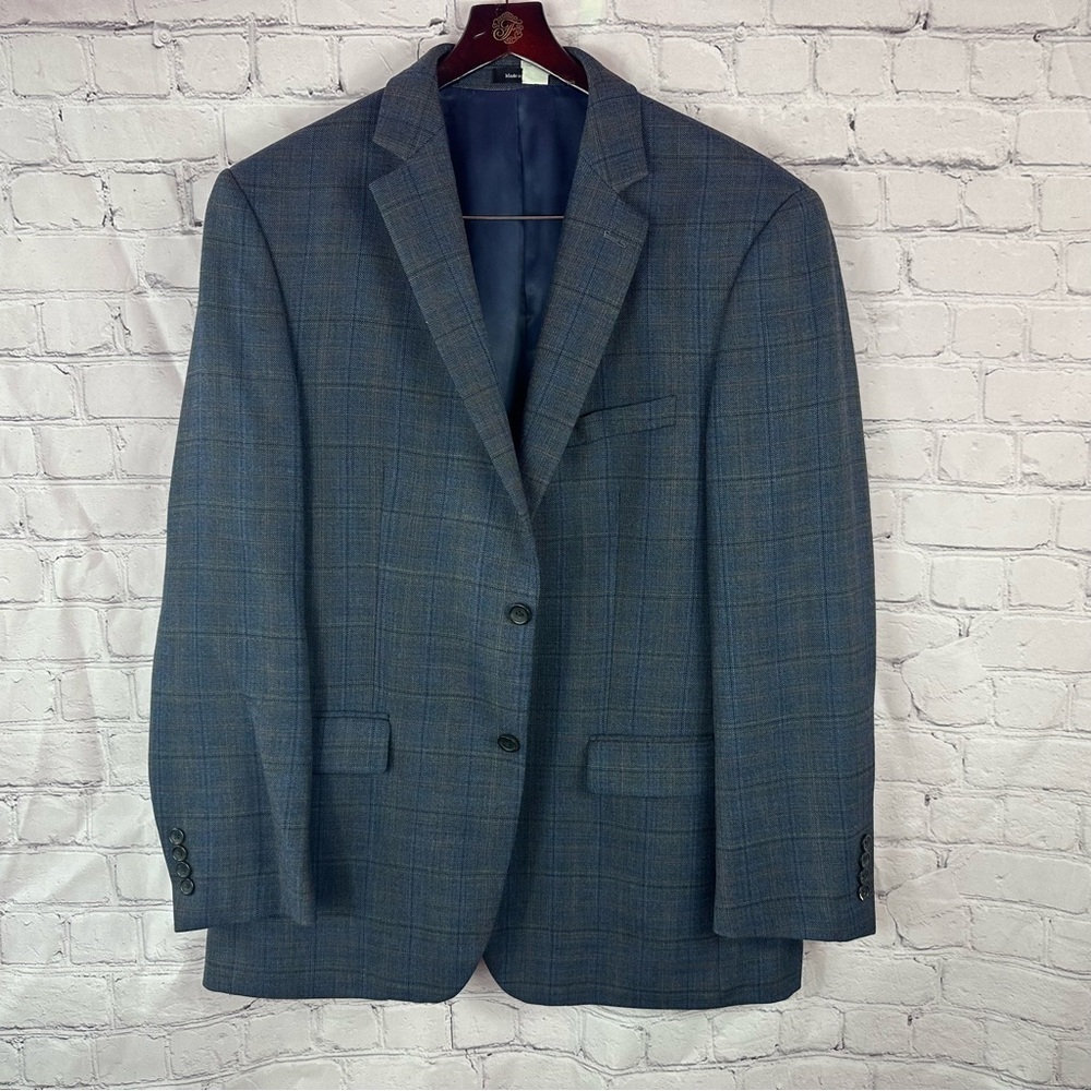 pronto uomo platinum navy wool Plaid sports coat Blazer jacket sz 44L